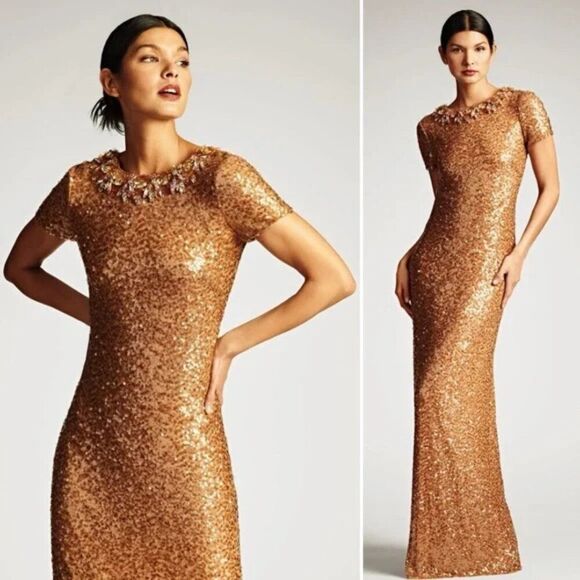 Sachin & Babi Shiloh Honey Golden Brown Jeweled Sequin Column Gown Maxi Dress - Picture 1 of 5